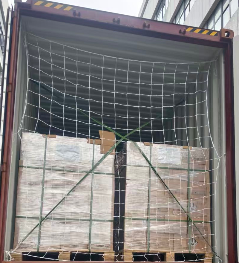 Wrapped carton pallets secured with straps and a cargo net inside an open container.
