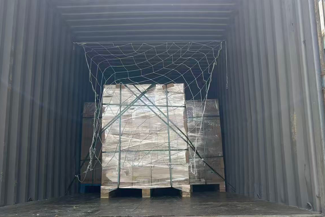 Wrapped cargo secured with straps and a net inside an open container.