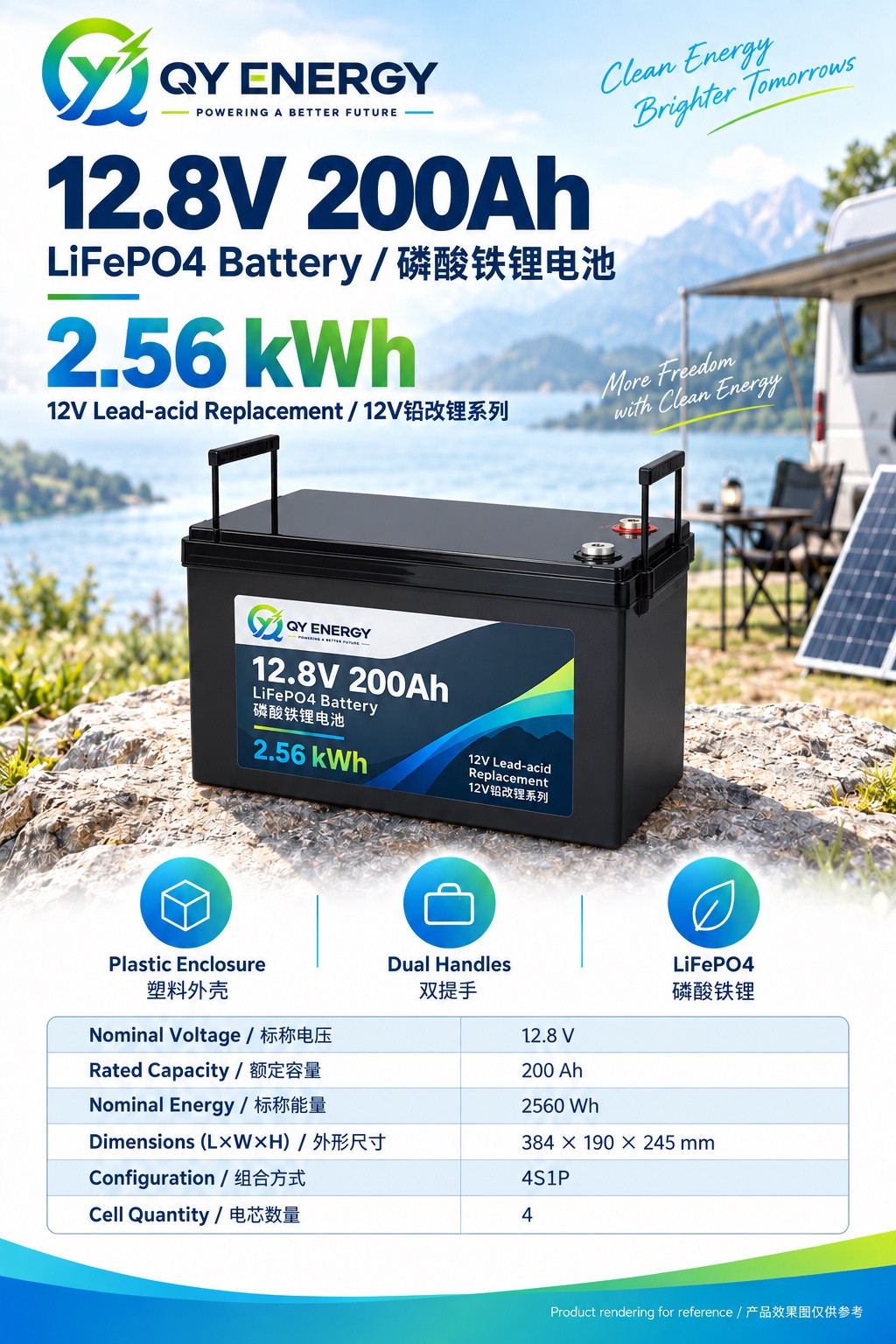 QY ENERGY product rendering of a 12.8V 200Ah black battery with two raised handles and top terminals; complete enclosure and original product marks shown