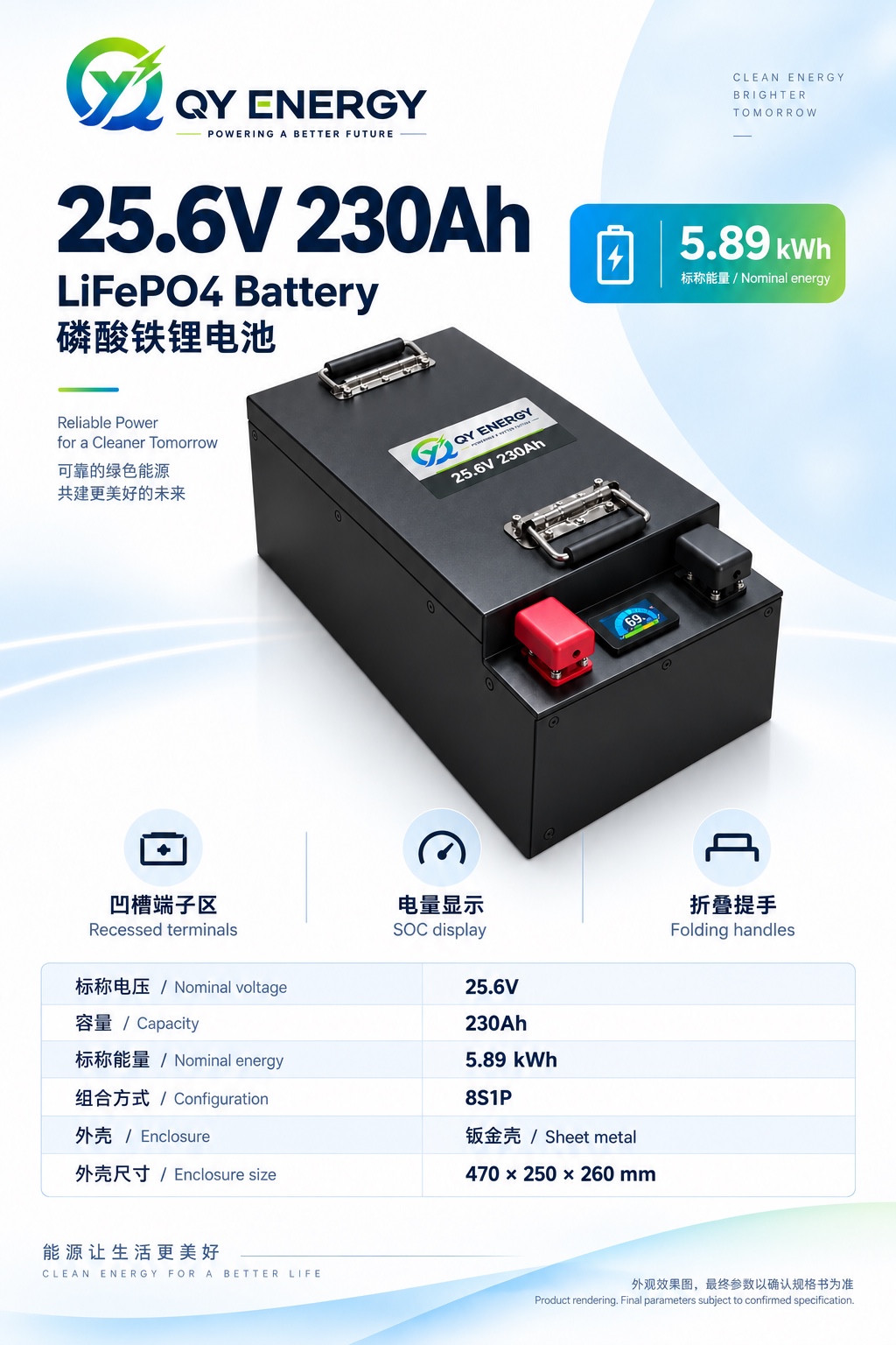 QY ENERGY product rendering of a 25.6V 230Ah black battery with folding handles, a recessed terminal area and a display; complete enclosure and original product marks shown
